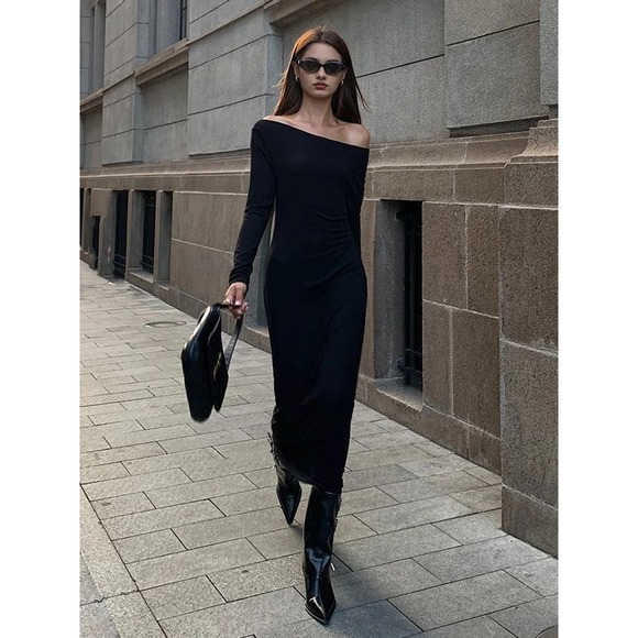 Commense One Shoulder Maxi Dress Long Sleeve Bodycon Cocktail Party Dress Size M - Picture 1 of 13